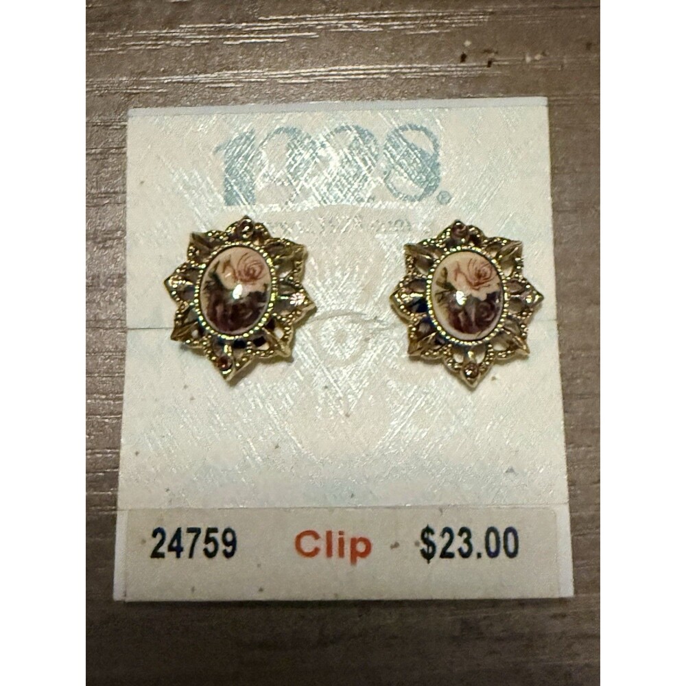 1928 Vintage Clip-On Earrings Floral Faux Enamel Gemstone NWT Oldstock